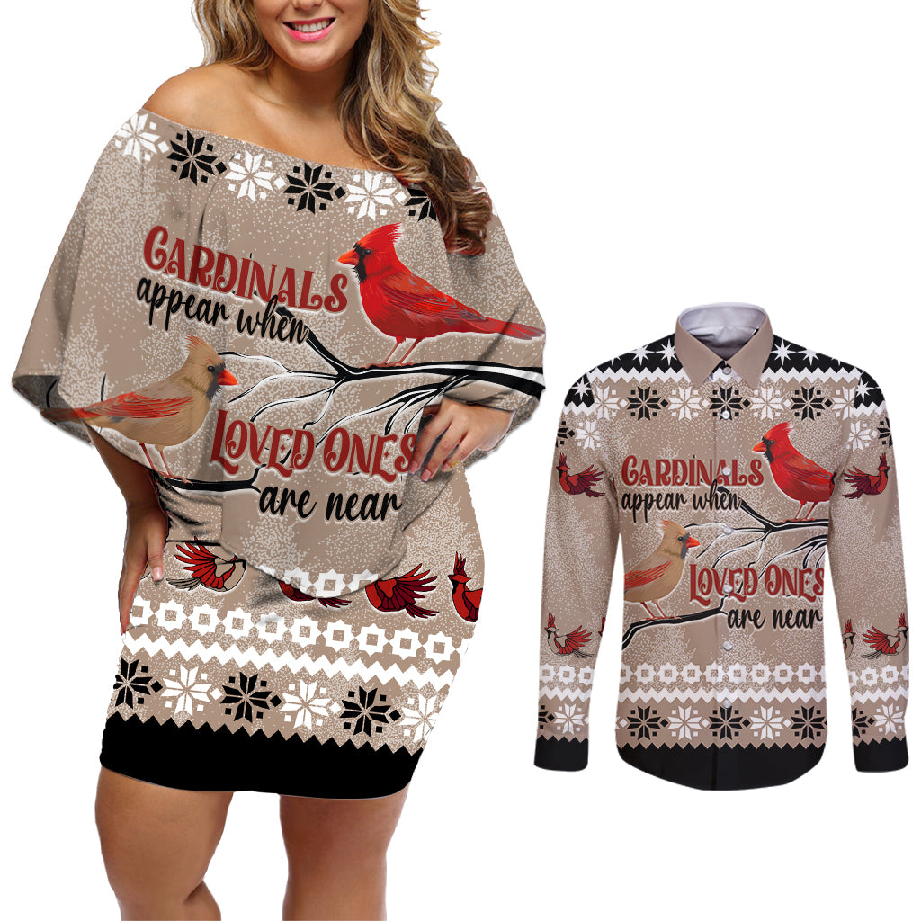 Christmas Cardinal Birds Couples Matching Off Shoulder Short Dress and Long Sleeve Button Shirt Cardinals Appear When Loved Ones Are Near LT7 - Wonder Print Shop