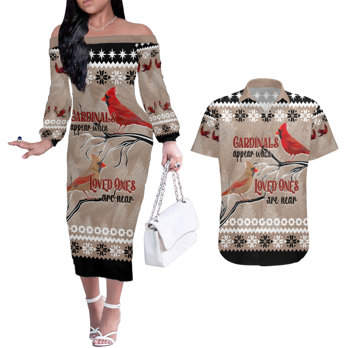 Christmas Cardinal Birds Couples Matching Off The Shoulder Long Sleeve Dress and Hawaiian Shirt Cardinals Appear When Loved Ones Are Near LT7 - Wonder Print Shop