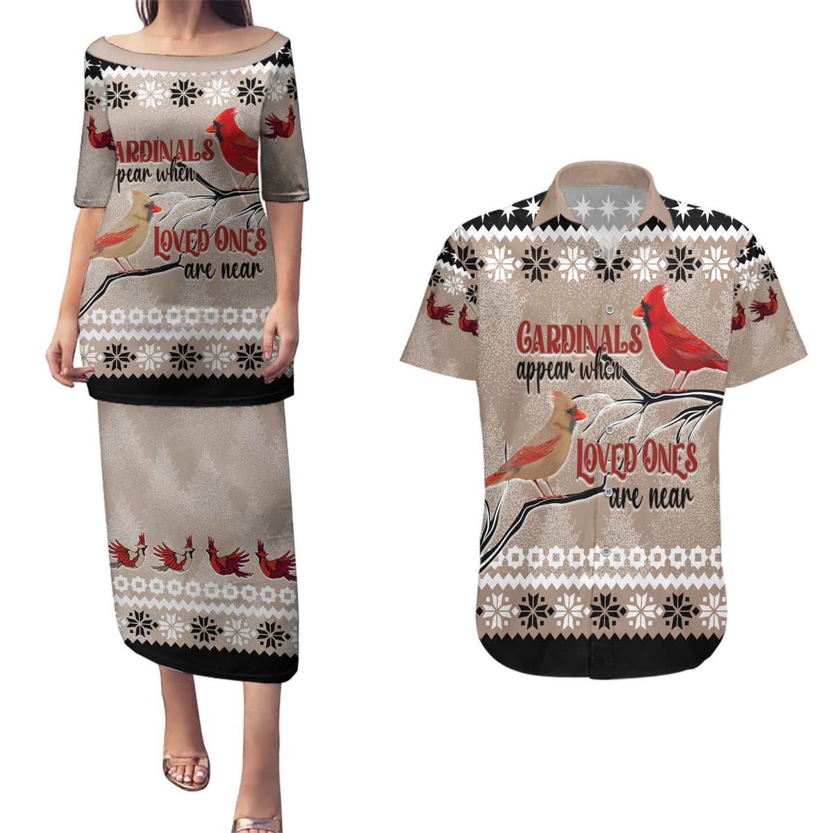 Christmas Cardinal Birds Couples Matching Puletasi Dress and Hawaiian Shirt Cardinals Appear When Loved Ones Are Near LT7 - Wonder Print Shop