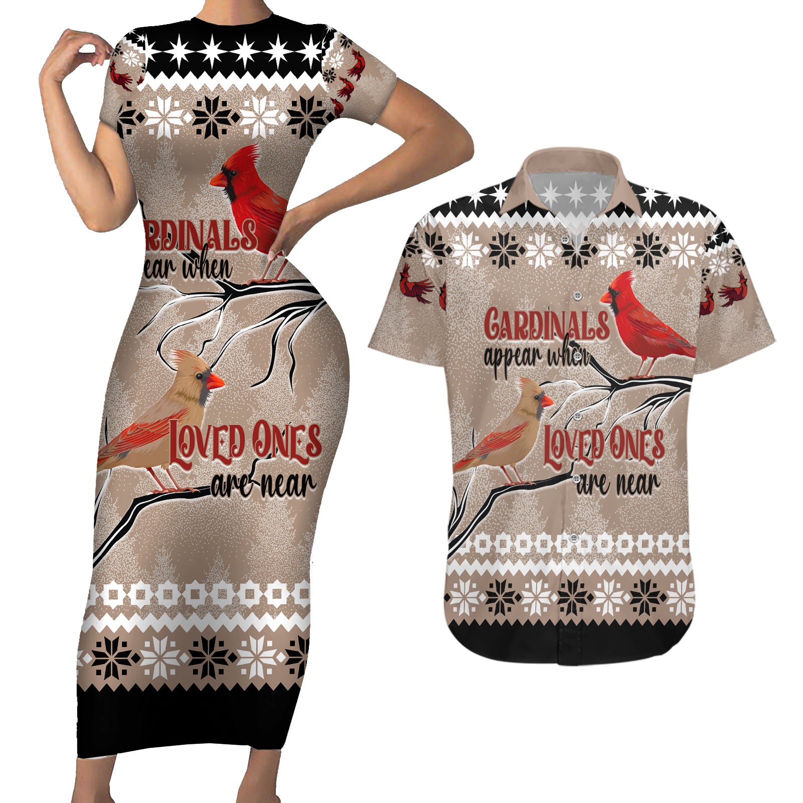 Christmas Cardinal Birds Couples Matching Short Sleeve Bodycon Dress and Hawaiian Shirt Cardinals Appear When Loved Ones Are Near LT7 - Wonder Print Shop
