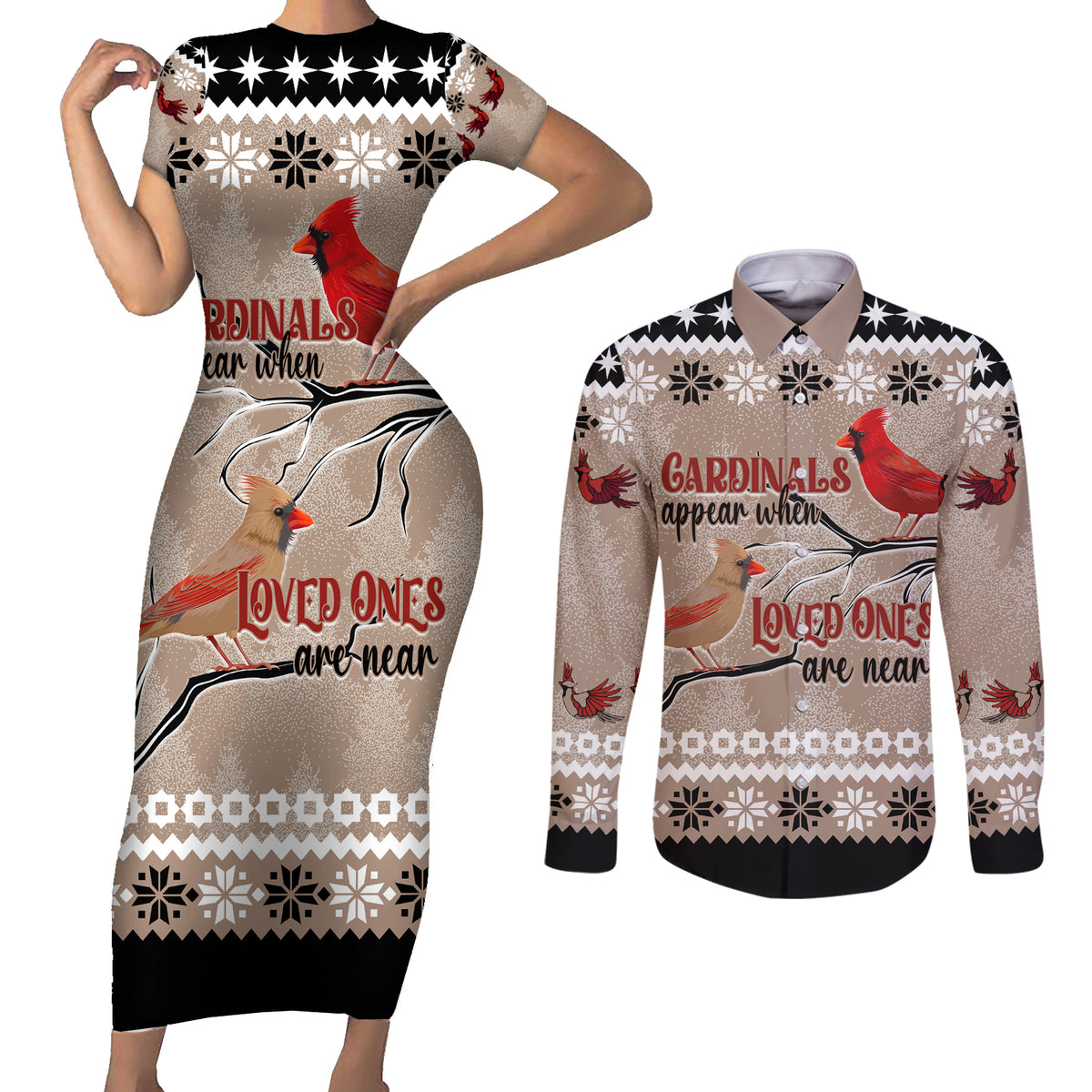 Christmas Cardinal Birds Couples Matching Short Sleeve Bodycon Dress and Long Sleeve Button Shirt Cardinals Appear When Loved Ones Are Near LT7 - Wonder Print Shop