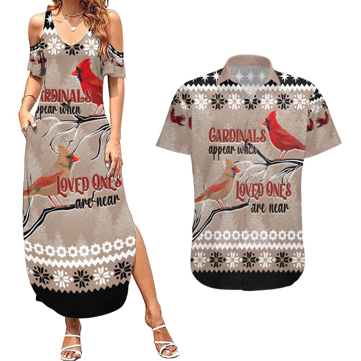 Christmas Cardinal Birds Couples Matching Summer Maxi Dress and Hawaiian Shirt Cardinals Appear When Loved Ones Are Near LT7 - Wonder Print Shop