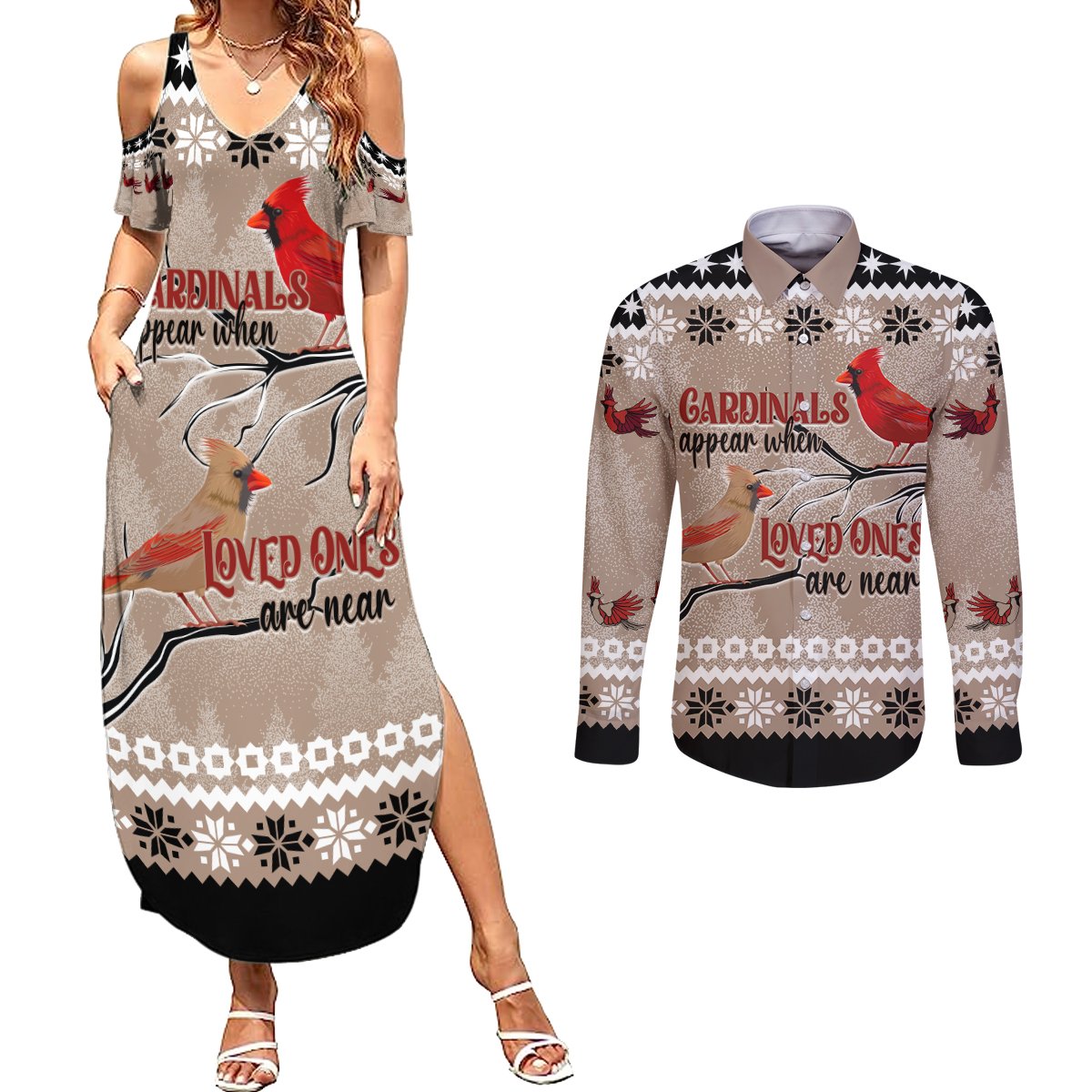 Christmas Cardinal Birds Couples Matching Summer Maxi Dress and Long Sleeve Button Shirt Cardinals Appear When Loved Ones Are Near LT7 - Wonder Print Shop