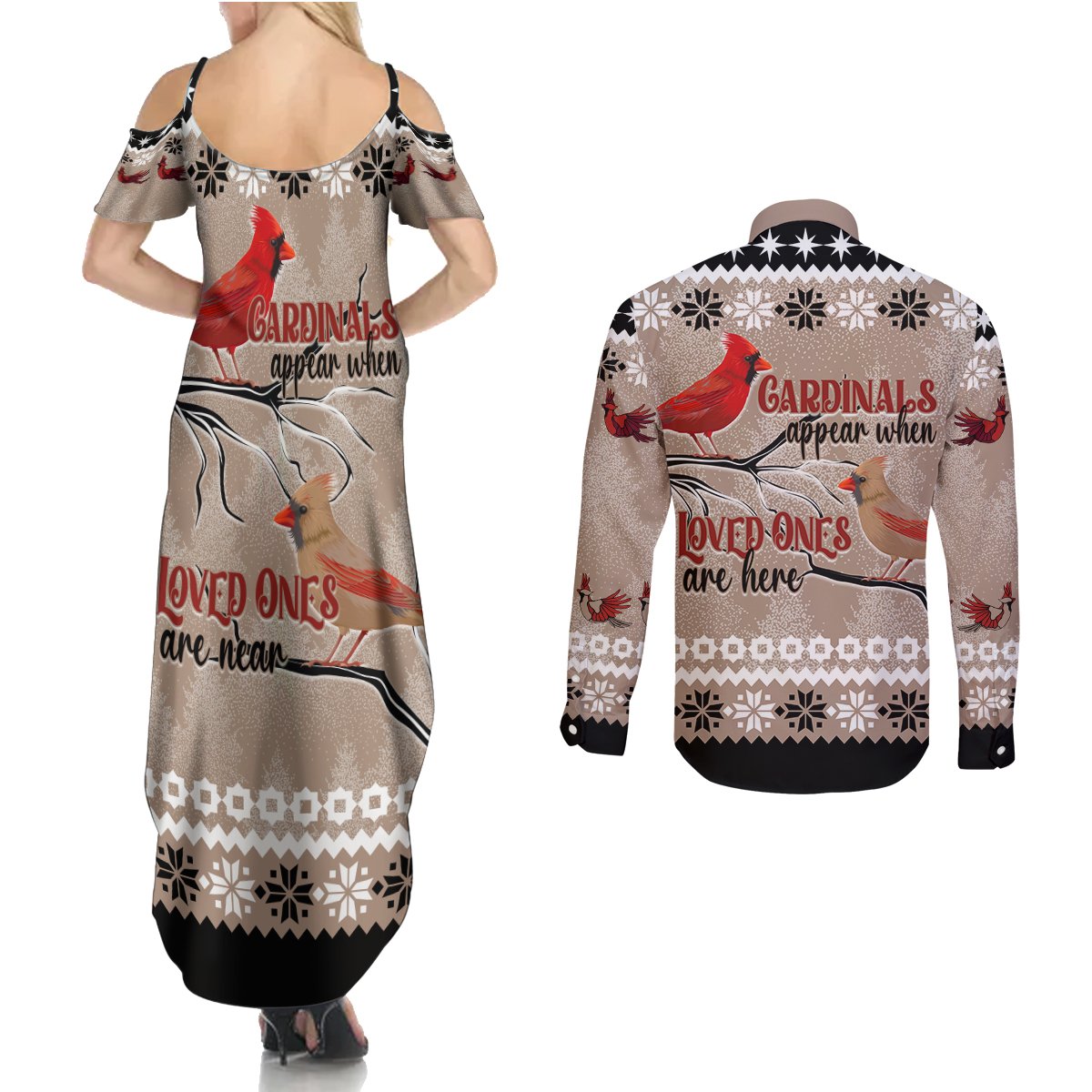 Christmas Cardinal Birds Couples Matching Summer Maxi Dress and Long Sleeve Button Shirt Cardinals Appear When Loved Ones Are Near LT7 - Wonder Print Shop