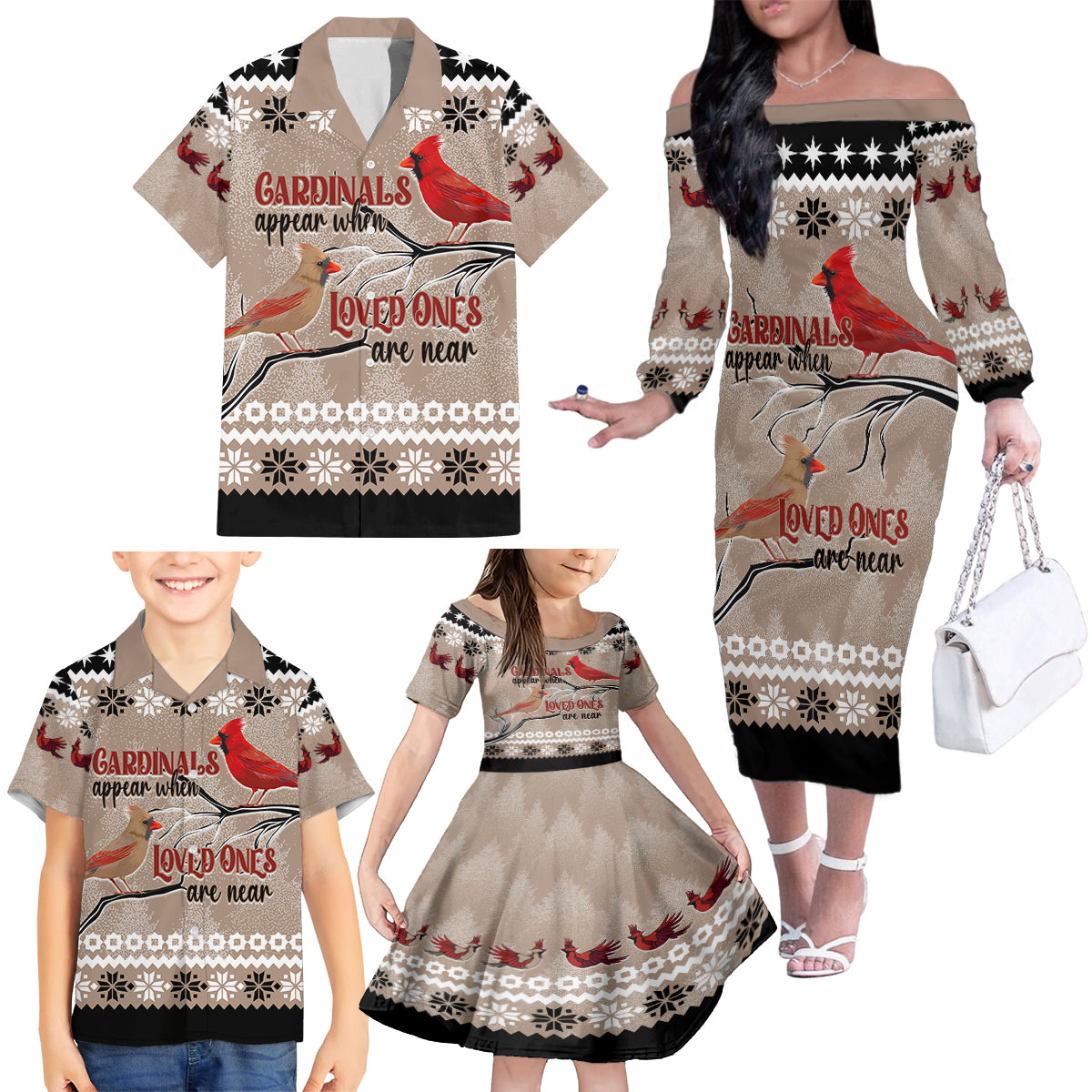Christmas Cardinal Birds Family Matching Off Shoulder Long Sleeve Dress and Hawaiian Shirt Cardinals Appear When Loved Ones Are Near - Wonder Print Shop