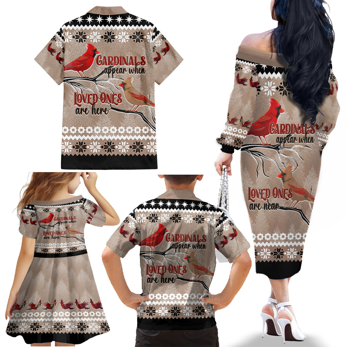 Christmas Cardinal Birds Family Matching Off Shoulder Long Sleeve Dress and Hawaiian Shirt Cardinals Appear When Loved Ones Are Near - Wonder Print Shop
