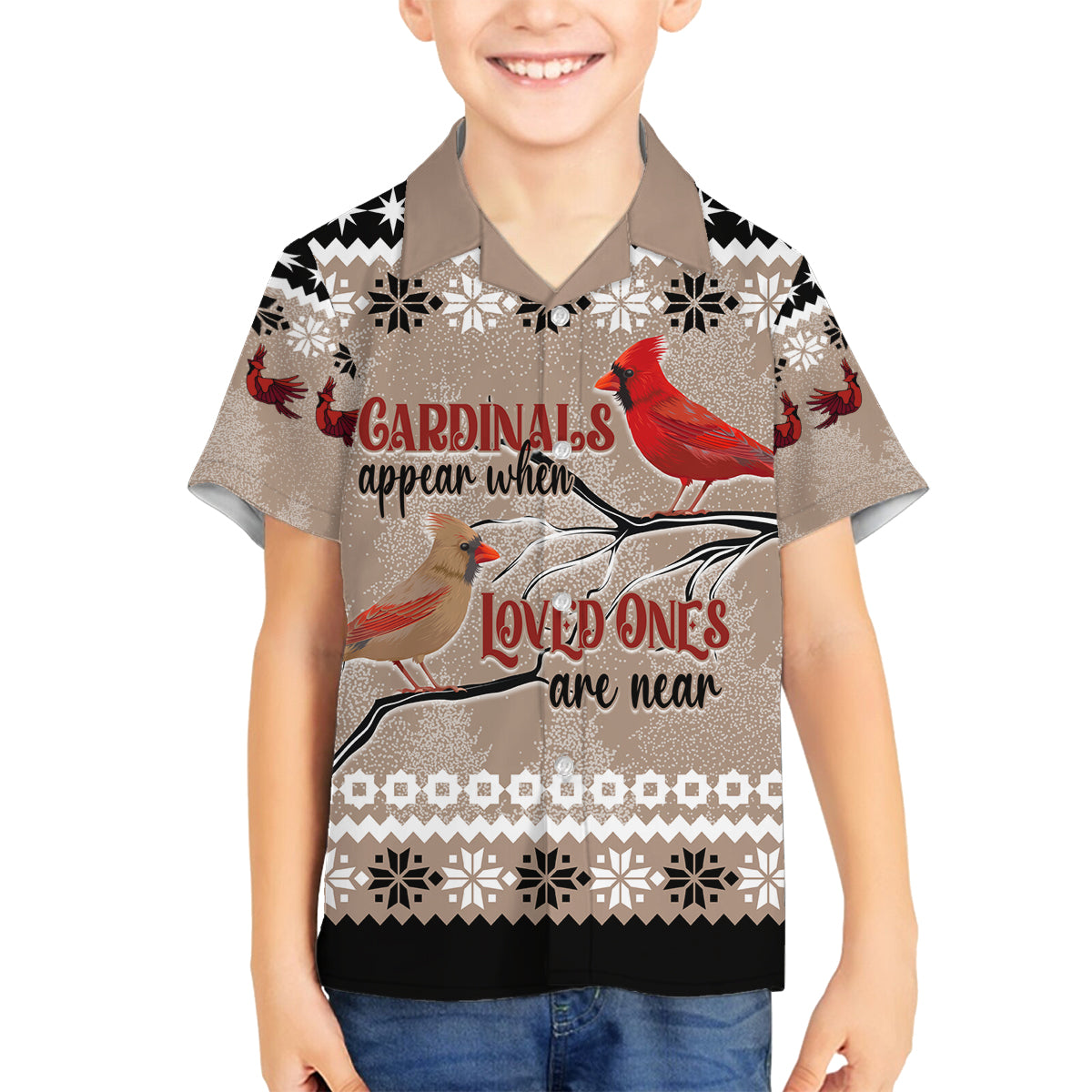 Christmas Cardinal Birds Family Matching Off Shoulder Long Sleeve Dress and Hawaiian Shirt Cardinals Appear When Loved Ones Are Near - Wonder Print Shop