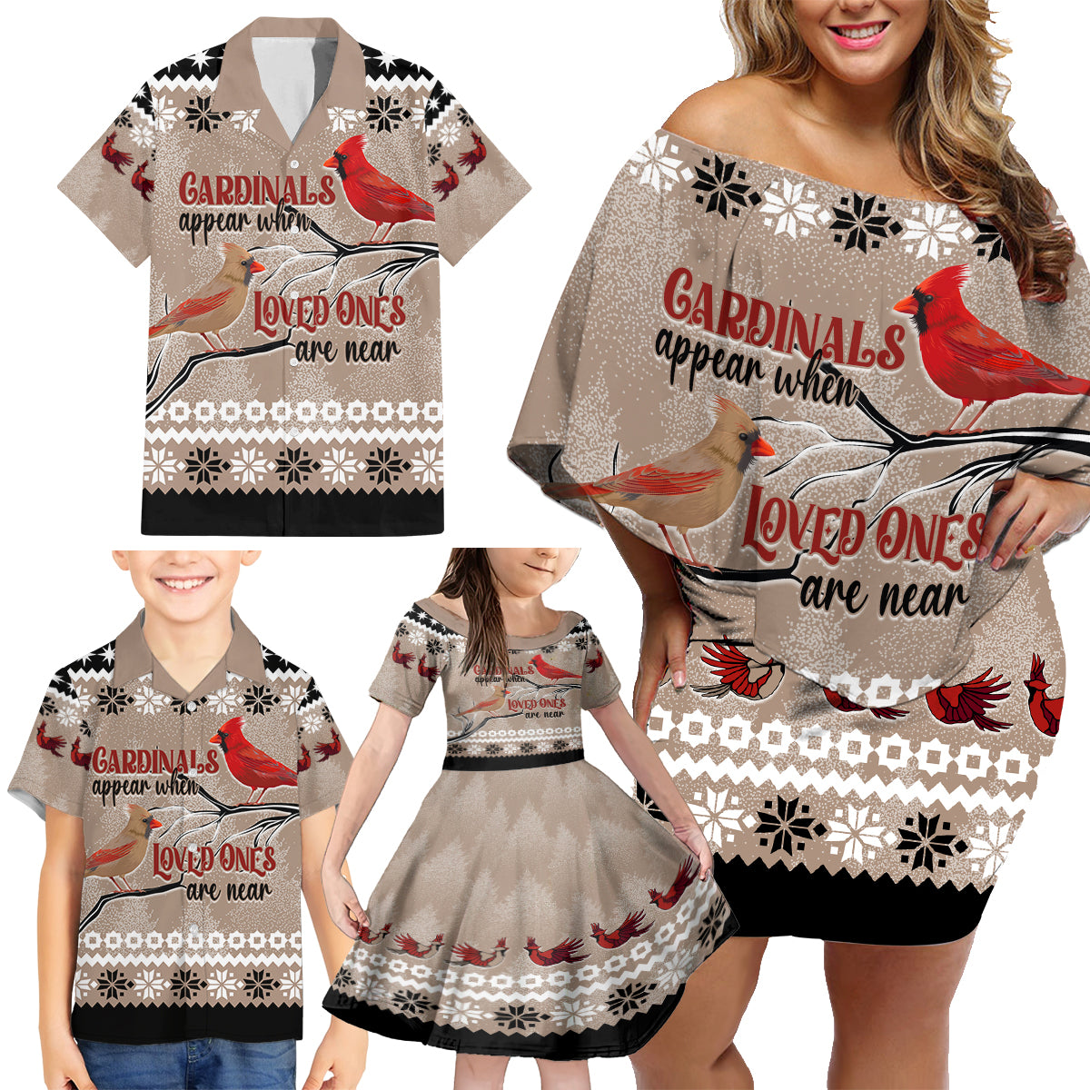 Christmas Cardinal Birds Family Matching Off Shoulder Short Dress and Hawaiian Shirt Cardinals Appear When Loved Ones Are Near LT7 - Wonder Print Shop