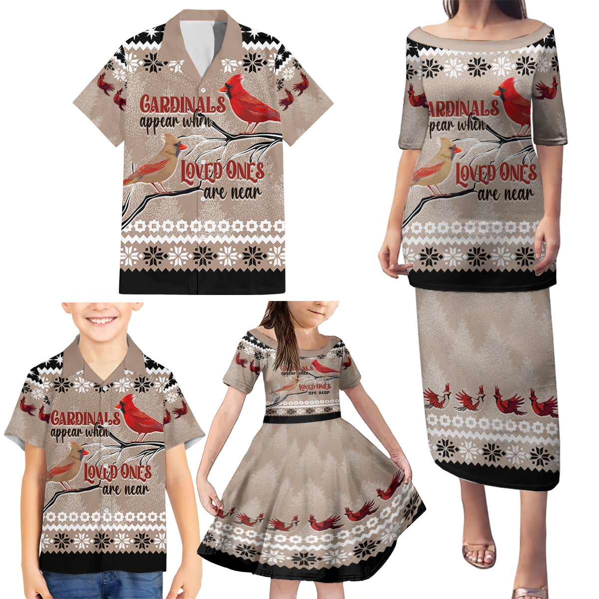 Christmas Cardinal Birds Family Matching Puletasi Dress and Hawaiian Shirt Cardinals Appear When Loved Ones Are Near - Wonder Print Shop