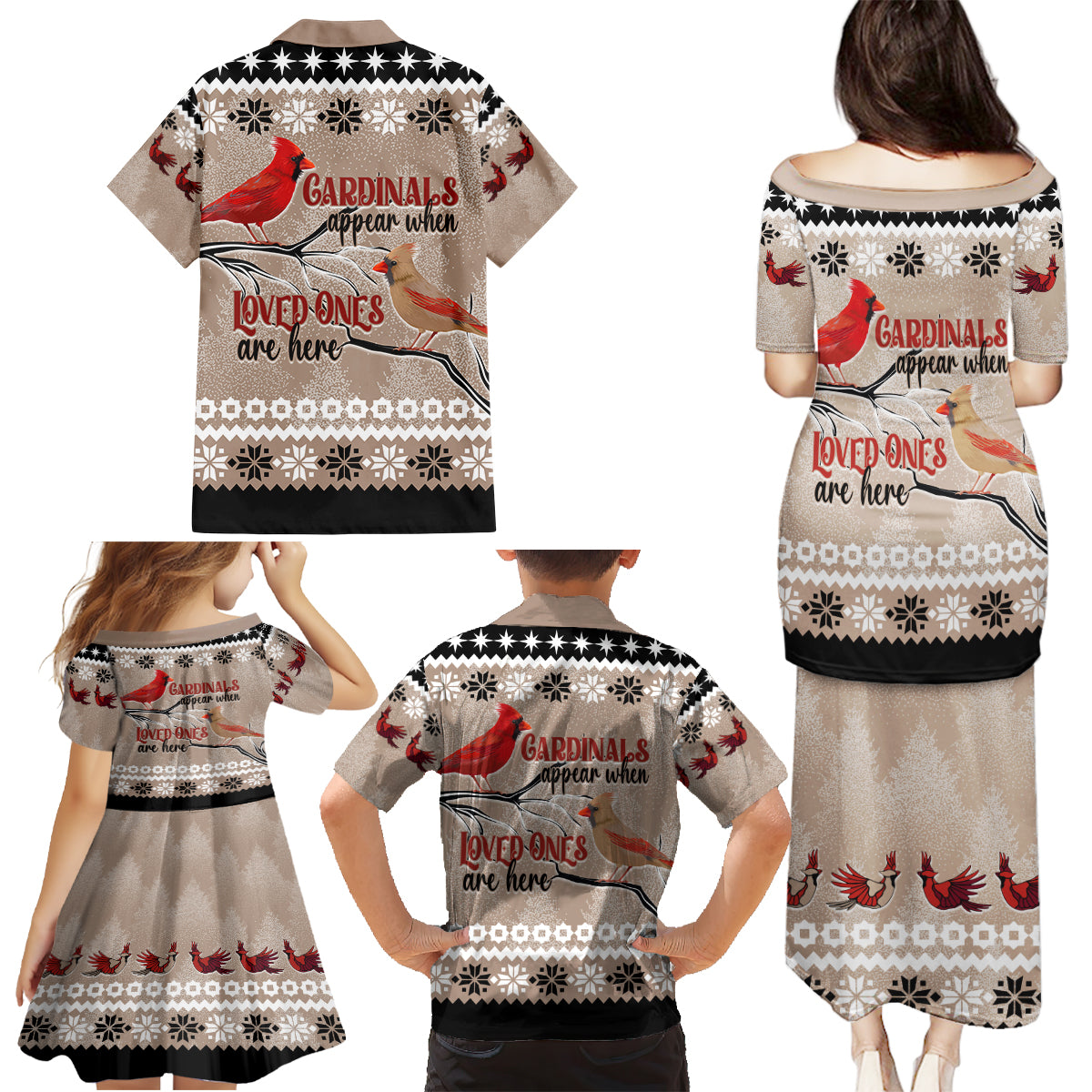 Christmas Cardinal Birds Family Matching Puletasi Dress and Hawaiian Shirt Cardinals Appear When Loved Ones Are Near - Wonder Print Shop
