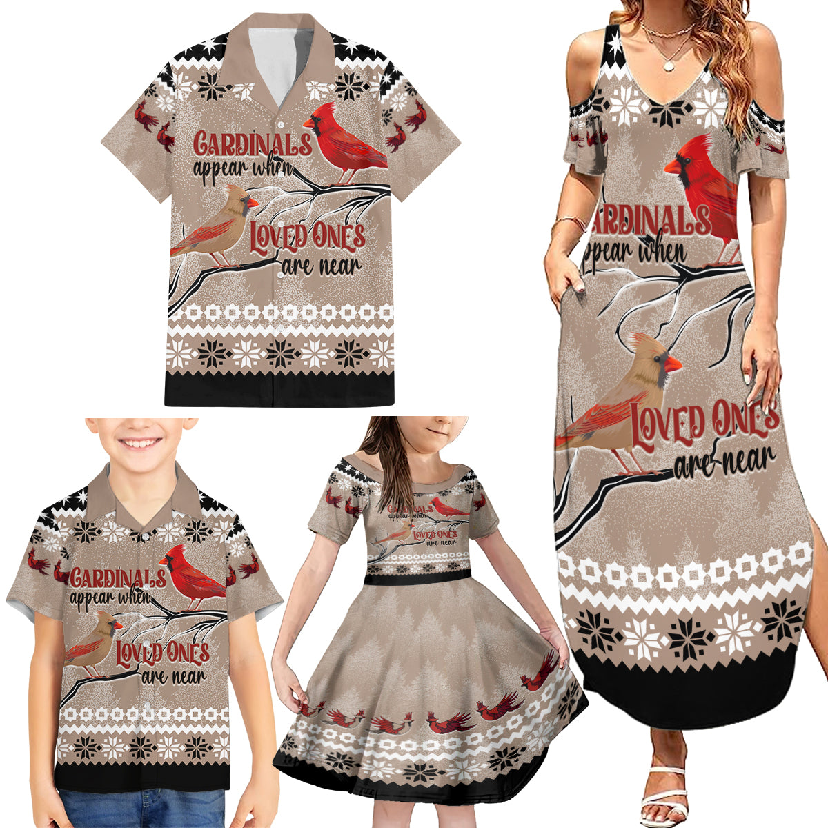 Christmas Cardinal Birds Family Matching Summer Maxi Dress and Hawaiian Shirt Cardinals Appear When Loved Ones Are Near - Wonder Print Shop