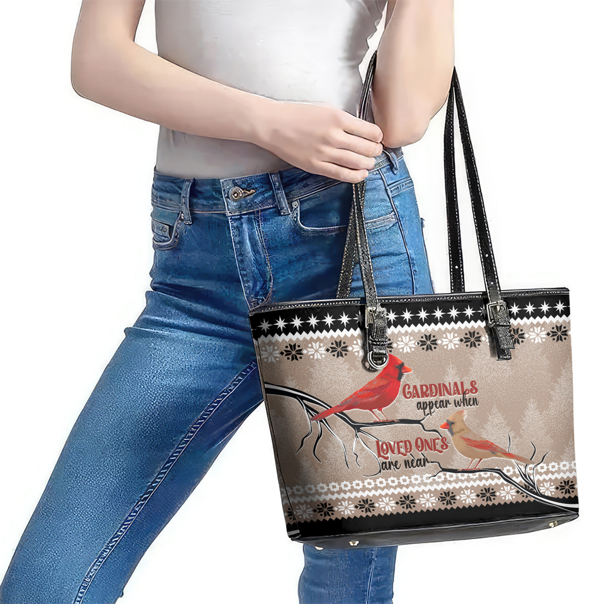 Christmas Cardinal Birds Leather Tote Bag Cardinals Appear When Loved Ones Are Near - Wonder Print Shop