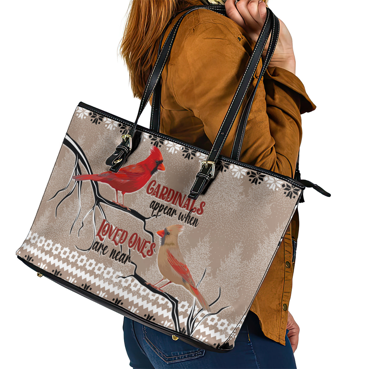 Christmas Cardinal Birds Leather Tote Bag Cardinals Appear When Loved Ones Are Near - Wonder Print Shop