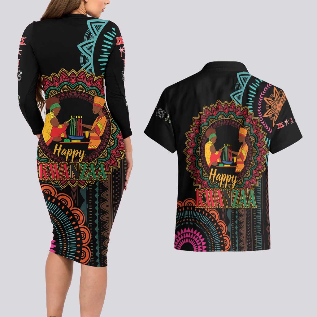 Happy Kwanzaa African Couples Matching Long Sleeve Bodycon Dress and Hawaiian Shirt Mandala Mix Nguzo Saba LT7 - Wonder Print Shop