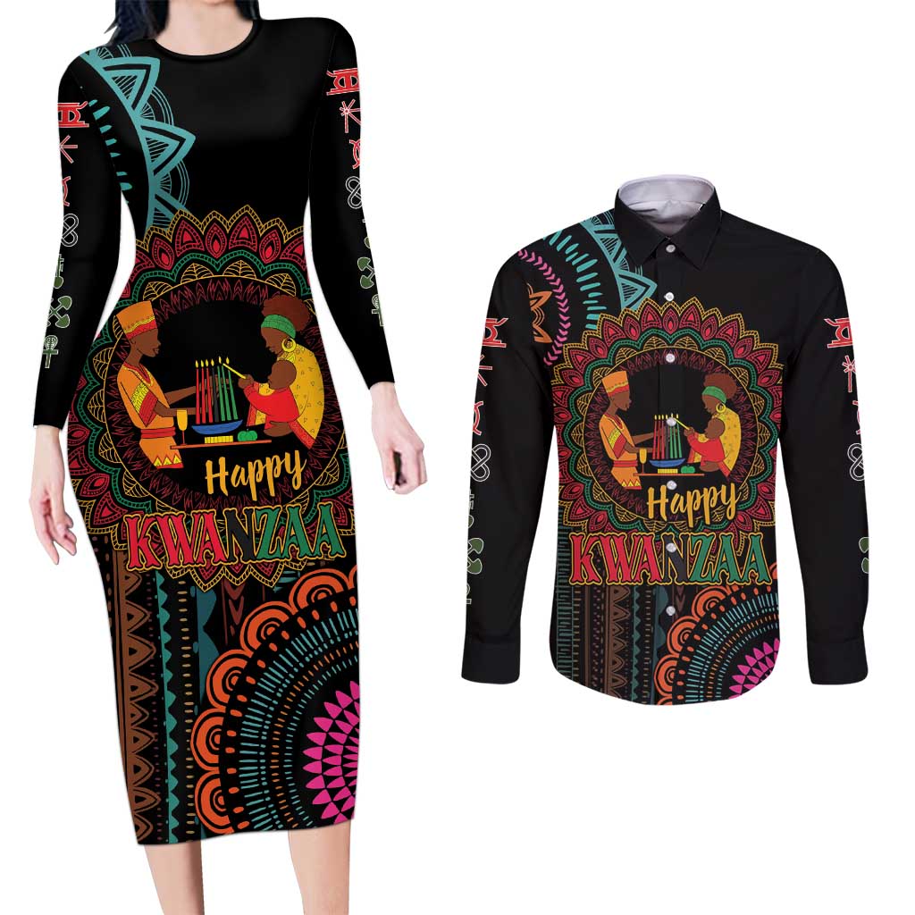 Happy Kwanzaa African Couples Matching Long Sleeve Bodycon Dress and Long Sleeve Button Shirt Mandala Mix Nguzo Saba LT7 - Wonder Print Shop