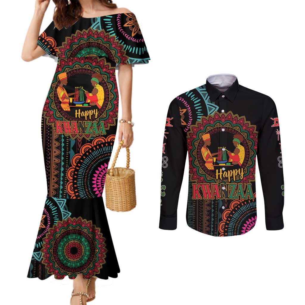 Happy Kwanzaa African Couples Matching Mermaid Dress and Long Sleeve Button Shirt Mandala Mix Nguzo Saba