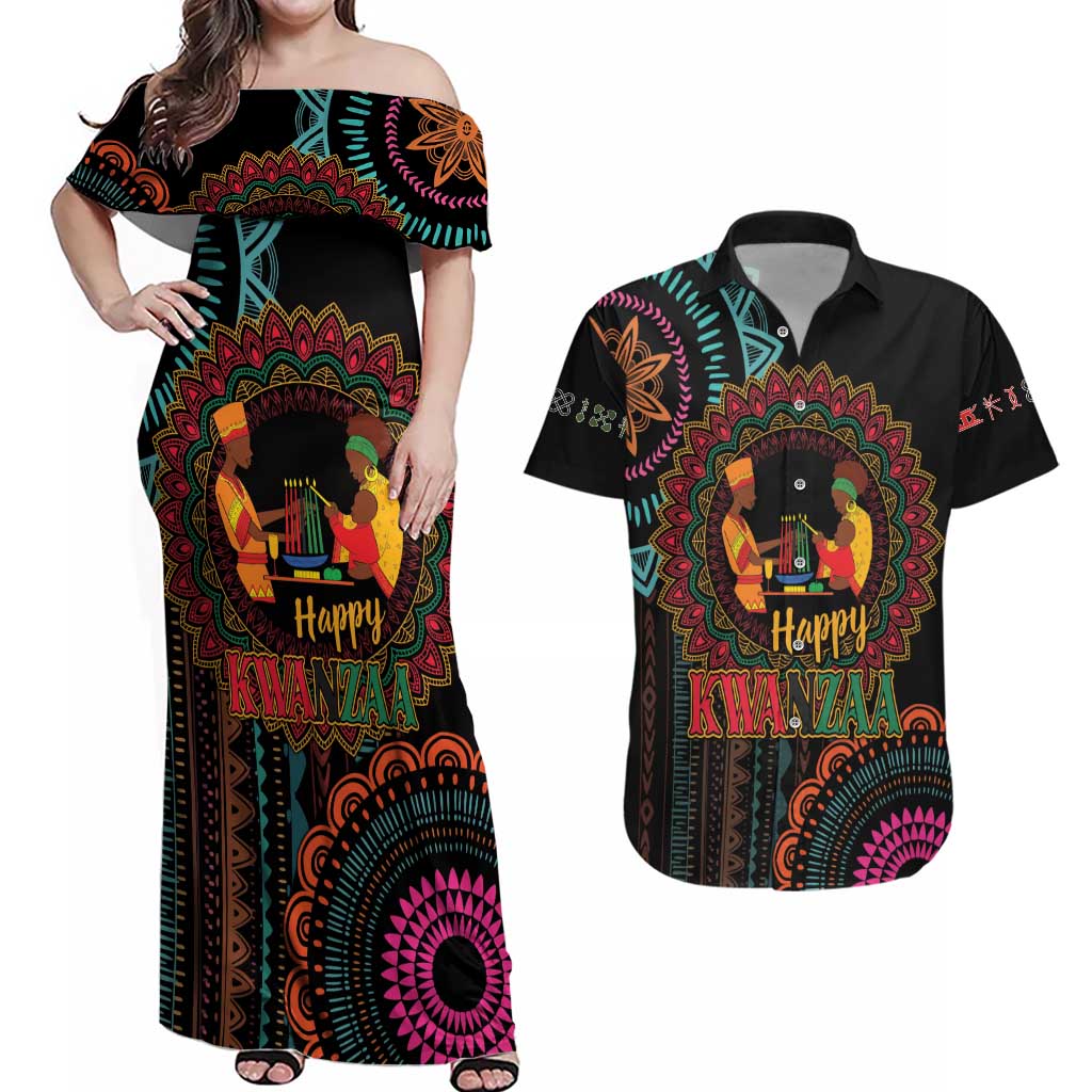 Happy Kwanzaa African Couples Matching Off Shoulder Maxi Dress and Hawaiian Shirt Mandala Mix Nguzo Saba LT7 - Wonder Print Shop