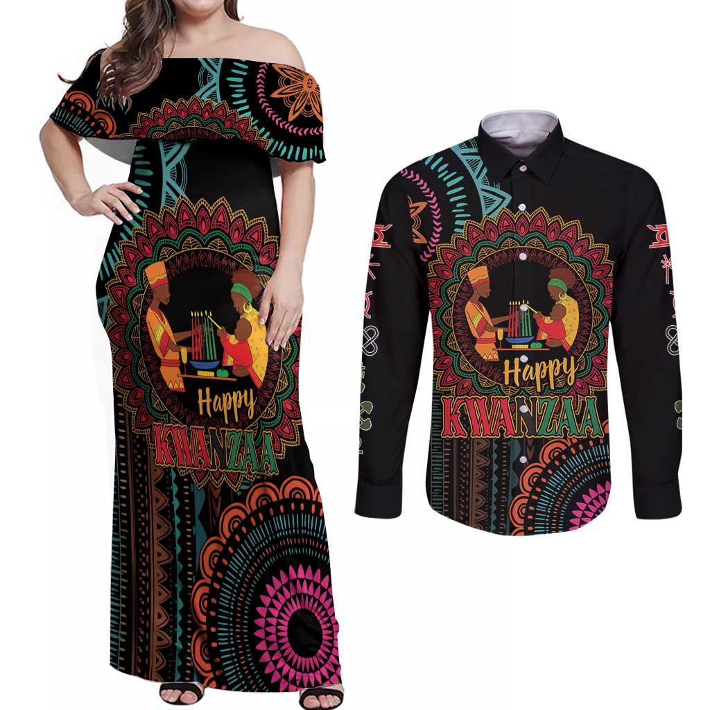 Happy Kwanzaa African Couples Matching Off Shoulder Maxi Dress and Long Sleeve Button Shirt Mandala Mix Nguzo Saba LT7 - Wonder Print Shop