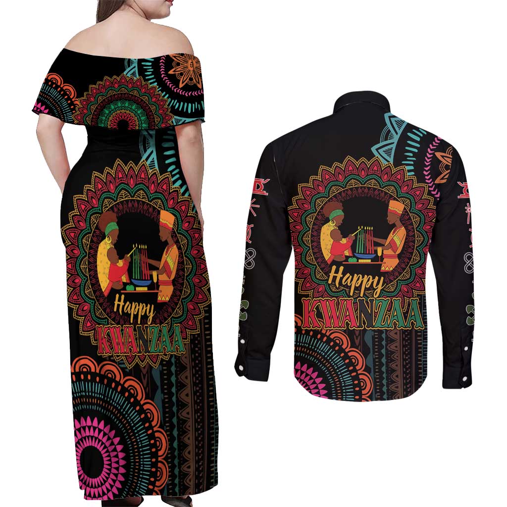 Happy Kwanzaa African Couples Matching Off Shoulder Maxi Dress and Long Sleeve Button Shirt Mandala Mix Nguzo Saba LT7 - Wonder Print Shop