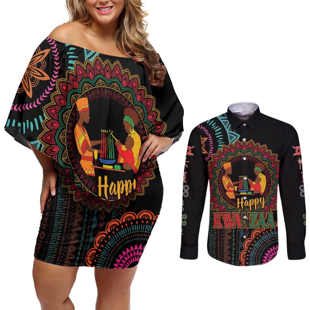Happy Kwanzaa African Couples Matching Off Shoulder Short Dress and Long Sleeve Button Shirt Mandala Mix Nguzo Saba LT7 - Wonder Print Shop