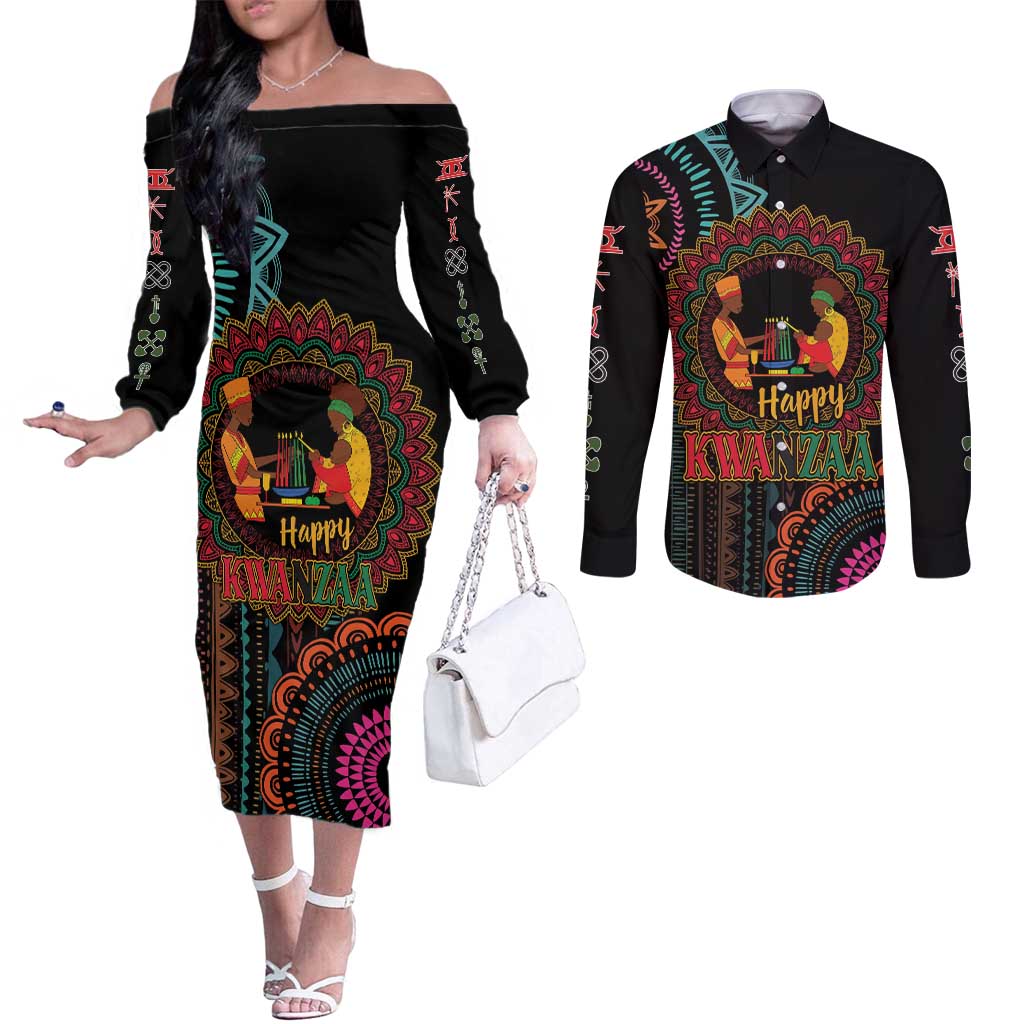 Happy Kwanzaa African Couples Matching Off The Shoulder Long Sleeve Dress and Long Sleeve Button Shirt Mandala Mix Nguzo Saba