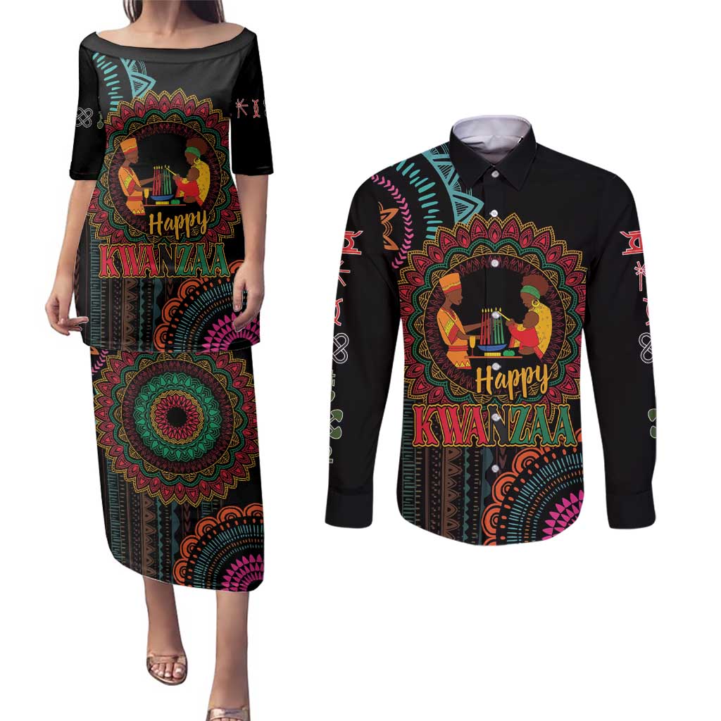 Happy Kwanzaa African Couples Matching Puletasi and Long Sleeve Button Shirt Mandala Mix Nguzo Saba LT7 - Wonder Print Shop