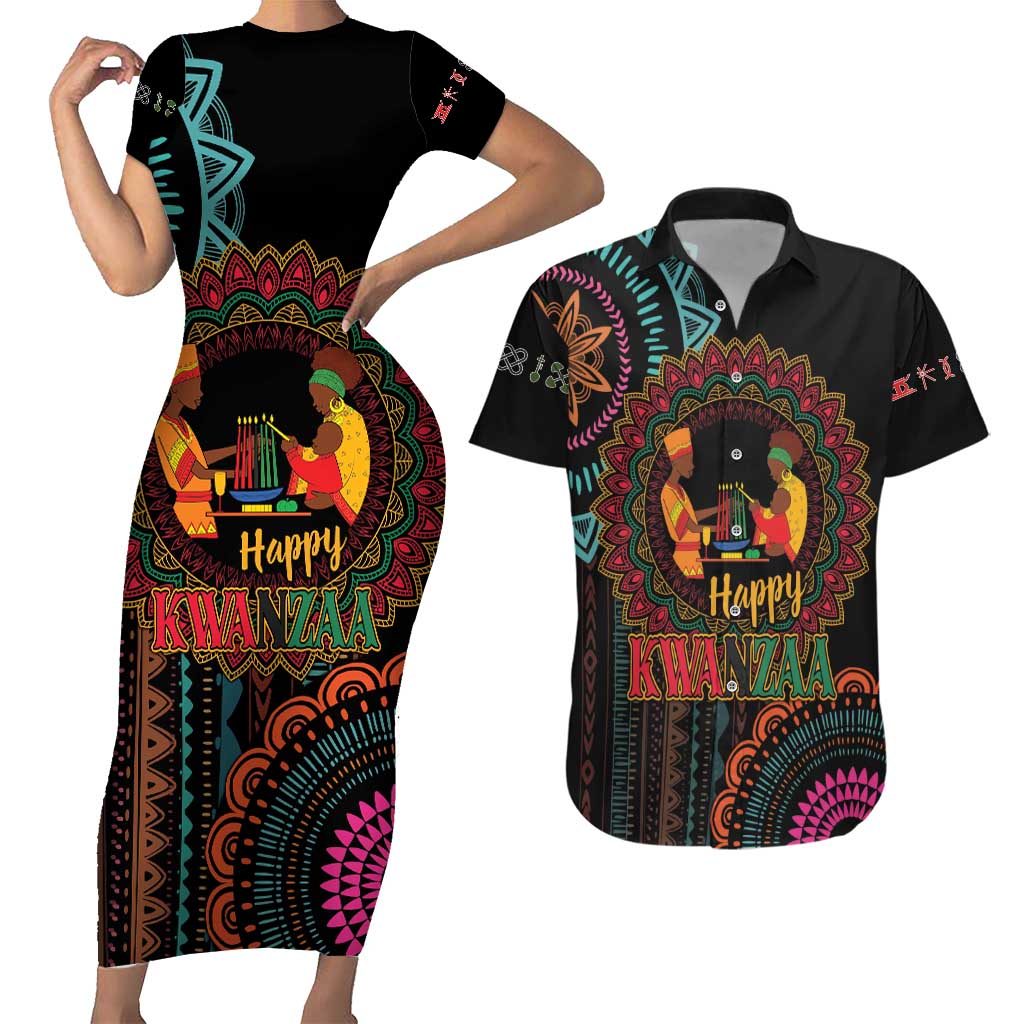 Happy Kwanzaa African Couples Matching Short Sleeve Bodycon Dress and Hawaiian Shirt Mandala Mix Nguzo Saba LT7 - Wonder Print Shop