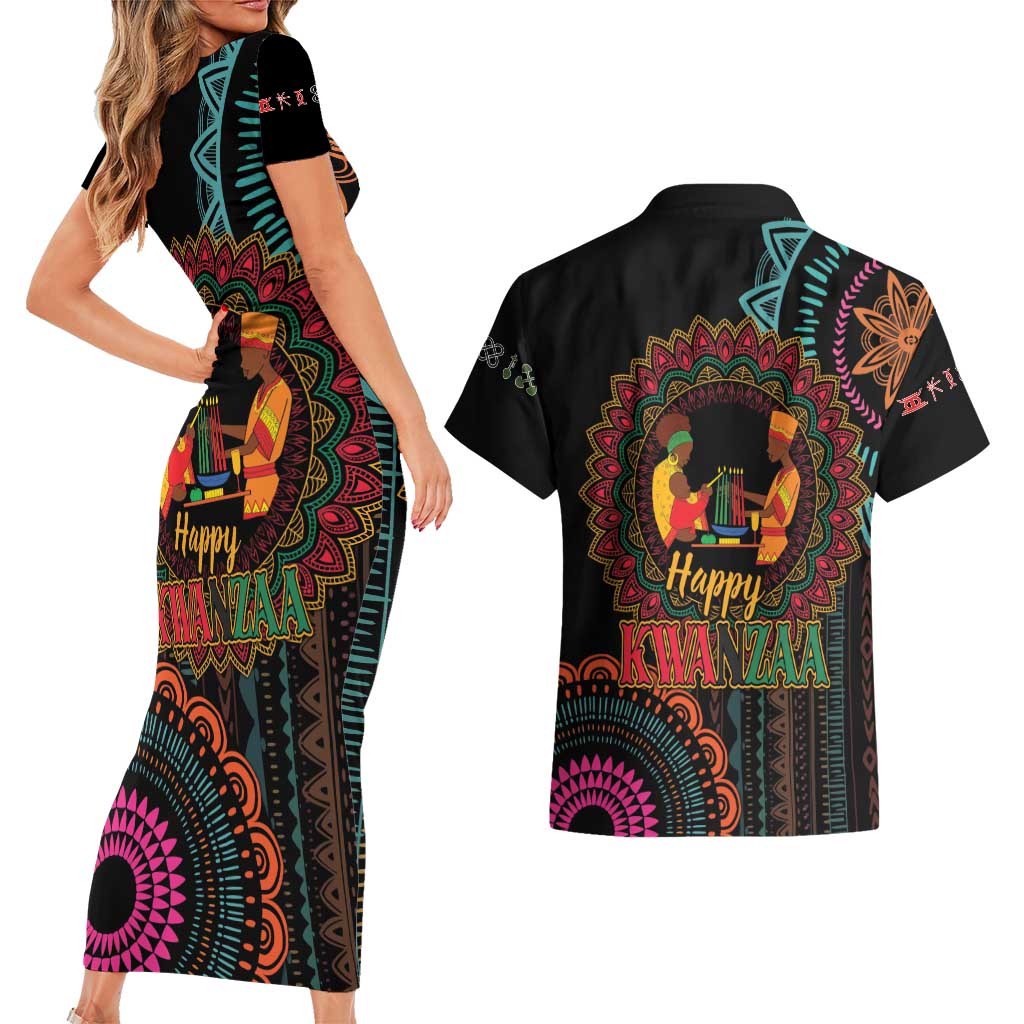 Happy Kwanzaa African Couples Matching Short Sleeve Bodycon Dress and Hawaiian Shirt Mandala Mix Nguzo Saba LT7 - Wonder Print Shop