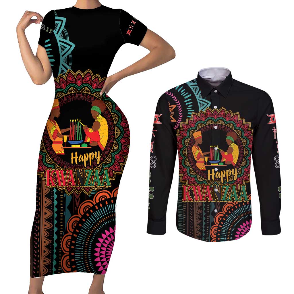 Happy Kwanzaa African Couples Matching Short Sleeve Bodycon Dress and Long Sleeve Button Shirt Mandala Mix Nguzo Saba LT7 - Wonder Print Shop