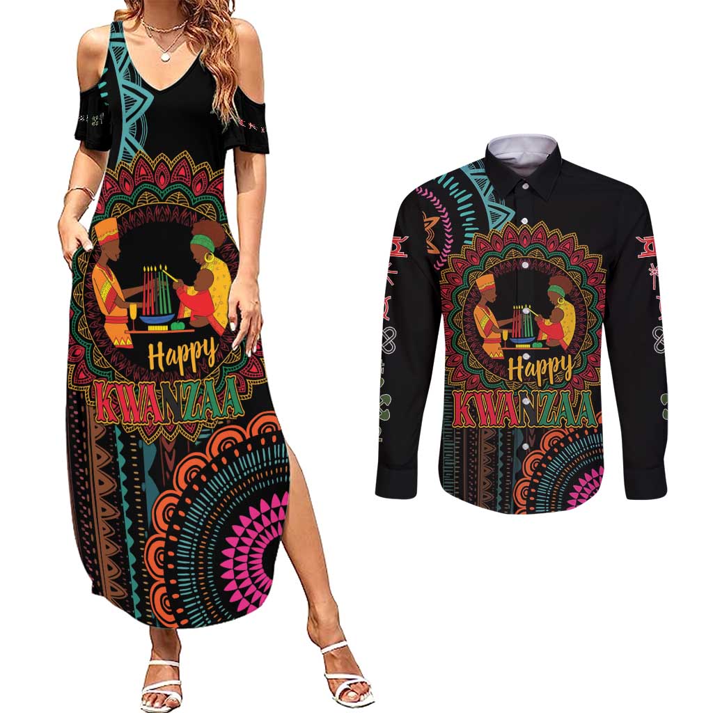 Happy Kwanzaa African Couples Matching Summer Maxi Dress and Long Sleeve Button Shirt Mandala Mix Nguzo Saba LT7 - Wonder Print Shop