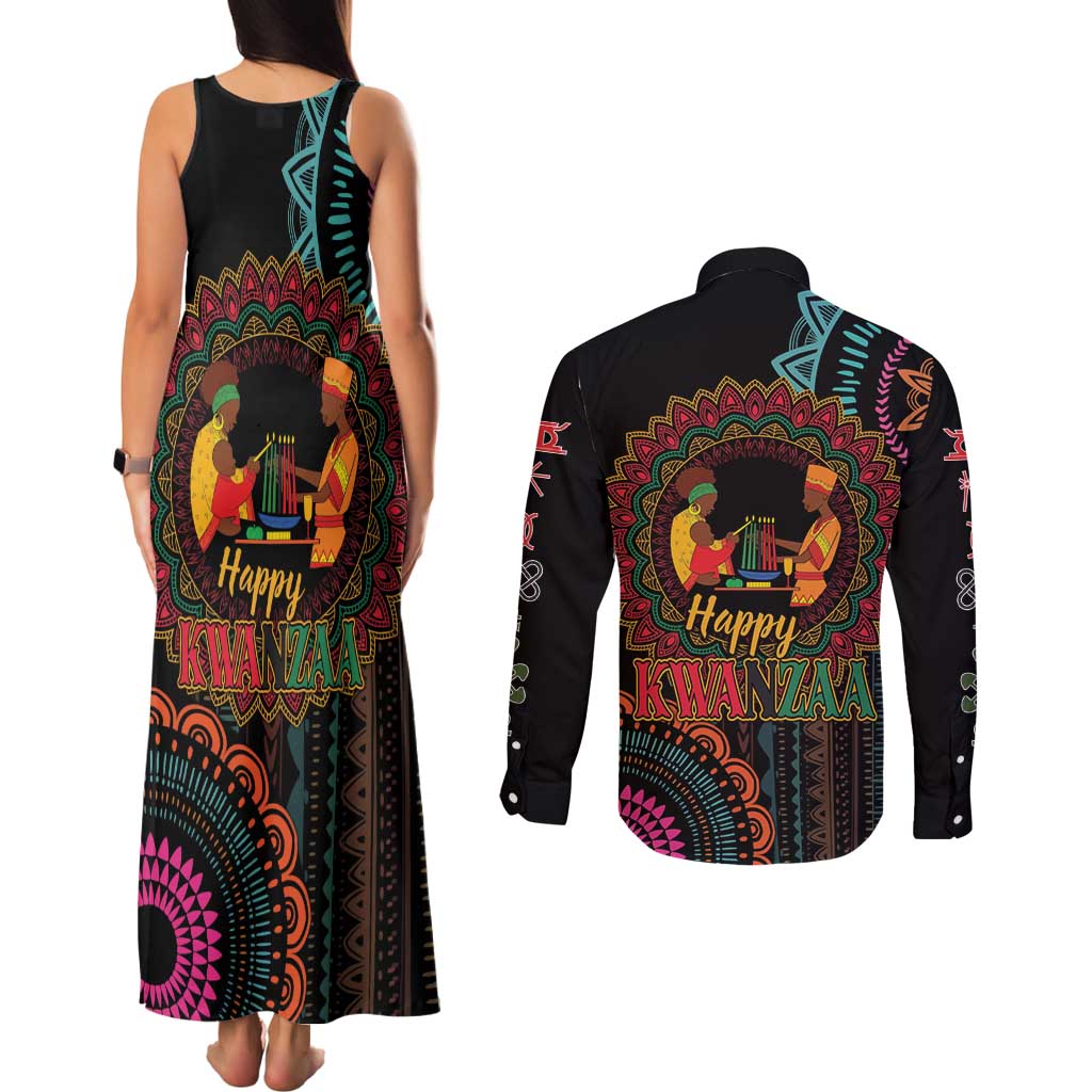 Happy Kwanzaa African Couples Matching Tank Maxi Dress and Long Sleeve Button Shirt Mandala Mix Nguzo Saba LT7 - Wonder Print Shop
