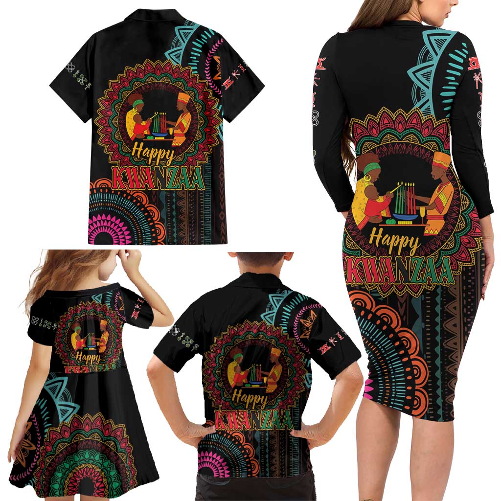 Happy Kwanzaa African Family Matching Long Sleeve Bodycon Dress and Hawaiian Shirt Mandala Mix Nguzo Saba LT7 - Wonder Print Shop