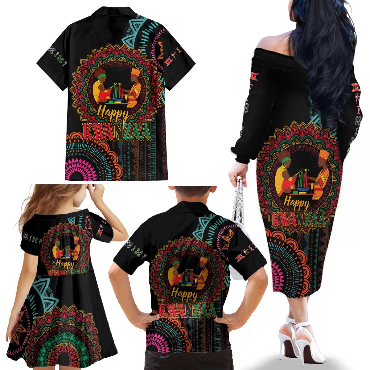 Happy Kwanzaa African Family Matching Off The Shoulder Long Sleeve Dress and Hawaiian Shirt Mandala Mix Nguzo Saba - Wonder Print Shop