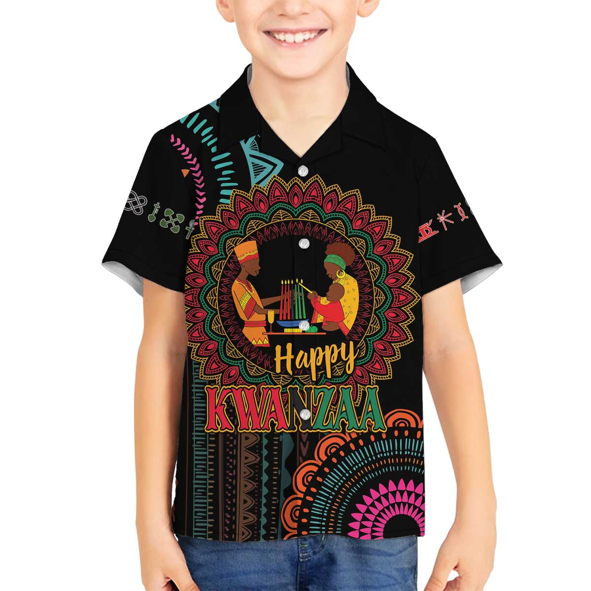 Happy Kwanzaa African Family Matching Off The Shoulder Long Sleeve Dress and Hawaiian Shirt Mandala Mix Nguzo Saba - Wonder Print Shop