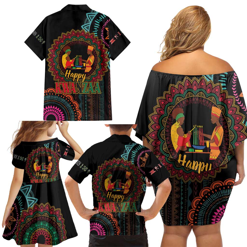 Happy Kwanzaa African Family Matching Off Shoulder Short Dress and Hawaiian Shirt Mandala Mix Nguzo Saba LT7 - Wonder Print Shop
