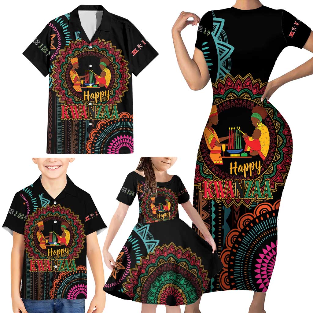 Happy Kwanzaa African Family Matching Short Sleeve Bodycon Dress and Hawaiian Shirt Mandala Mix Nguzo Saba - Wonder Print Shop