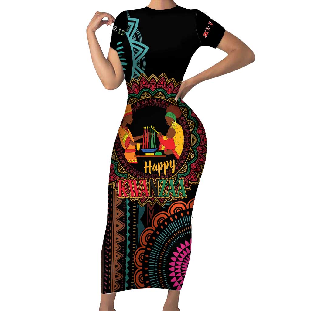 Happy Kwanzaa African Family Matching Short Sleeve Bodycon Dress and Hawaiian Shirt Mandala Mix Nguzo Saba - Wonder Print Shop