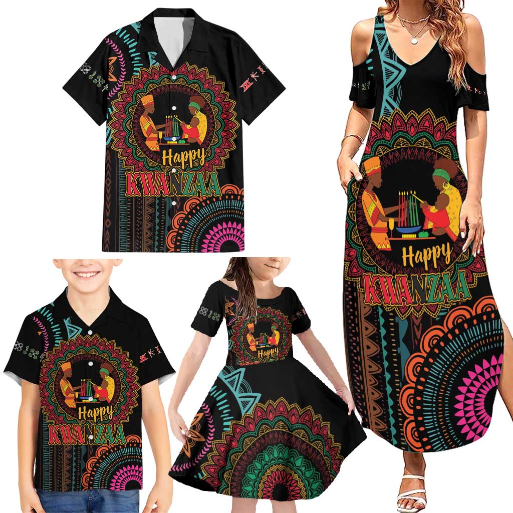 Happy Kwanzaa African Family Matching Summer Maxi Dress and Hawaiian Shirt Mandala Mix Nguzo Saba - Wonder Print Shop