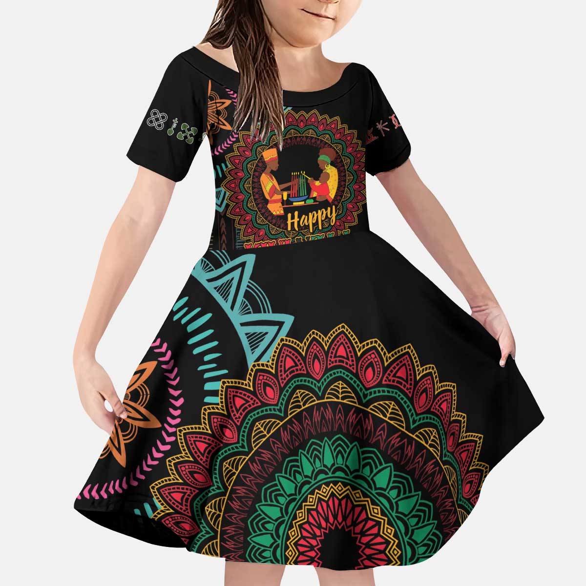 Happy Kwanzaa African Kid Short Sleeve Dress Mandala Mix Nguzo Saba - Wonder Print Shop