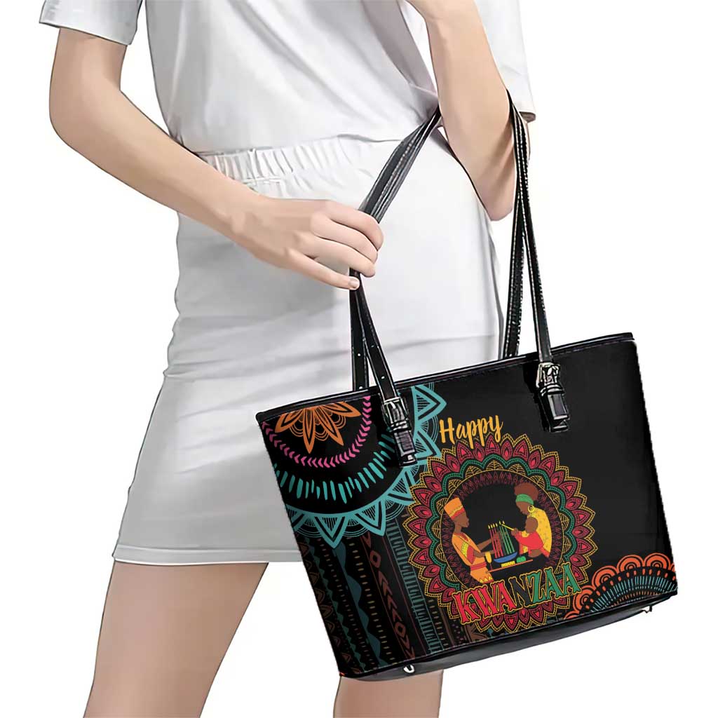 Happy Kwanzaa African Leather Tote Bag Mandala Mix Nguzo Saba - Wonder Print Shop