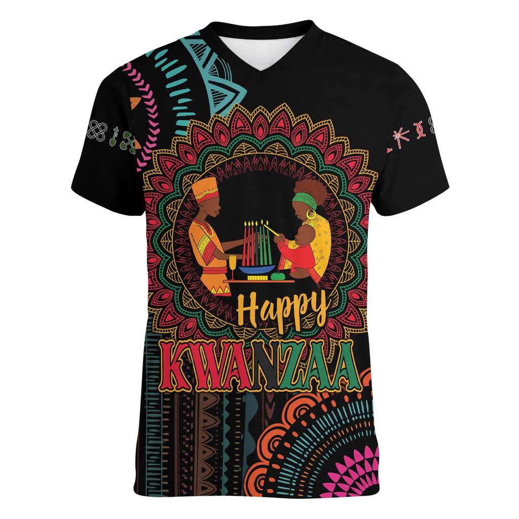 Happy Kwanzaa African Women V-Neck T-Shirt Mandala Mix Nguzo Saba - Wonder Print Shop