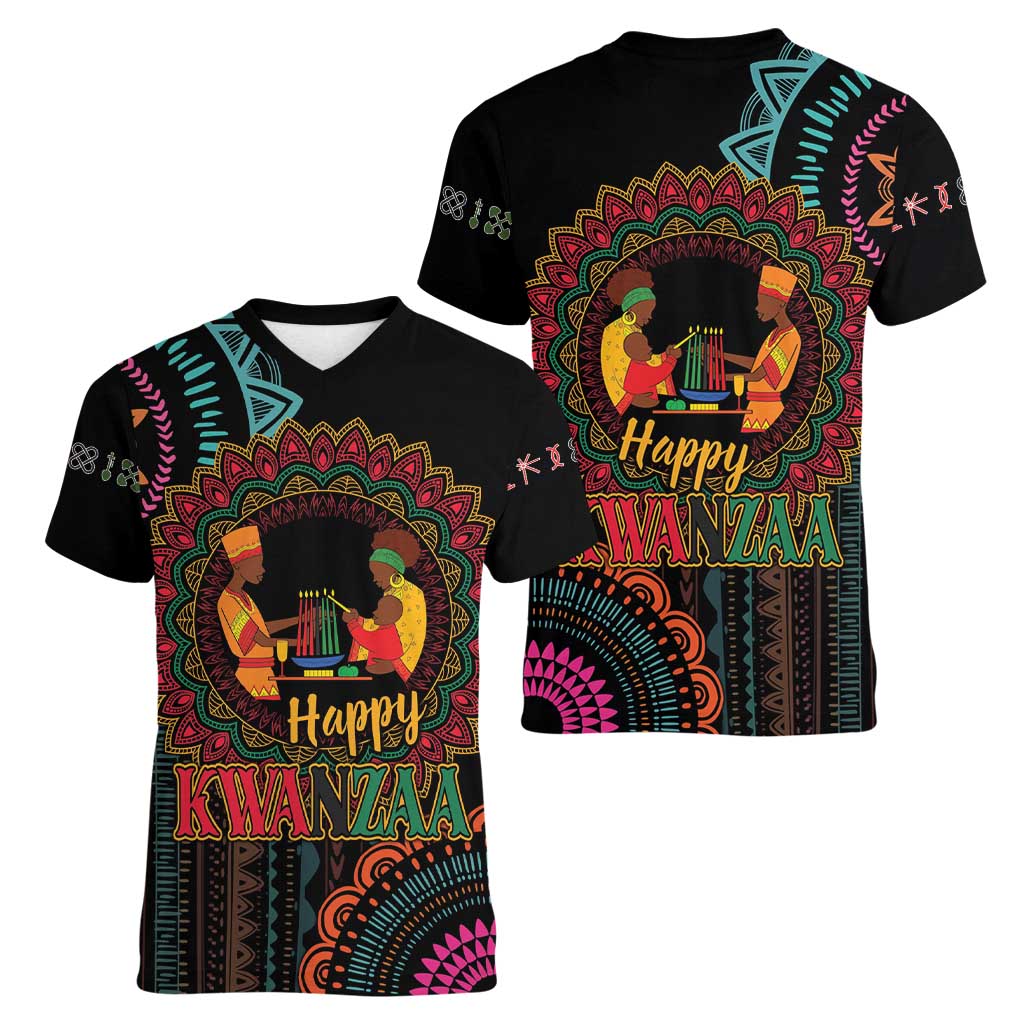 Happy Kwanzaa African Women V-Neck T-Shirt Mandala Mix Nguzo Saba - Wonder Print Shop