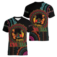 Happy Kwanzaa African Women V-Neck T-Shirt Mandala Mix Nguzo Saba - Wonder Print Shop