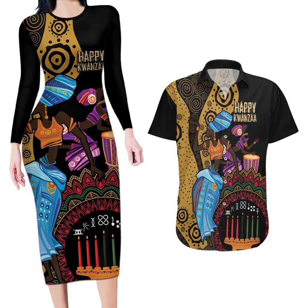 Happy Kwanzaa African Couples Matching Long Sleeve Bodycon Dress and Hawaiian Shirt Tribal Dance LT7 - Wonder Print Shop