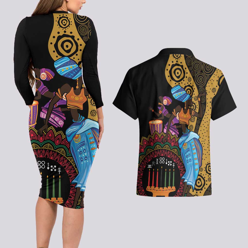 Happy Kwanzaa African Couples Matching Long Sleeve Bodycon Dress and Hawaiian Shirt Tribal Dance LT7 - Wonder Print Shop