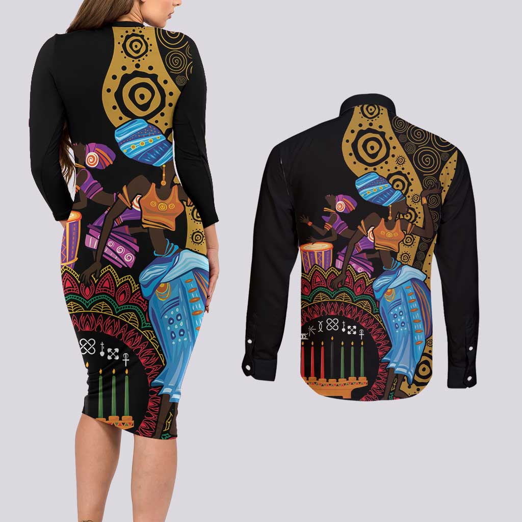 Happy Kwanzaa African Couples Matching Long Sleeve Bodycon Dress and Long Sleeve Button Shirt Tribal Dance LT7 - Wonder Print Shop