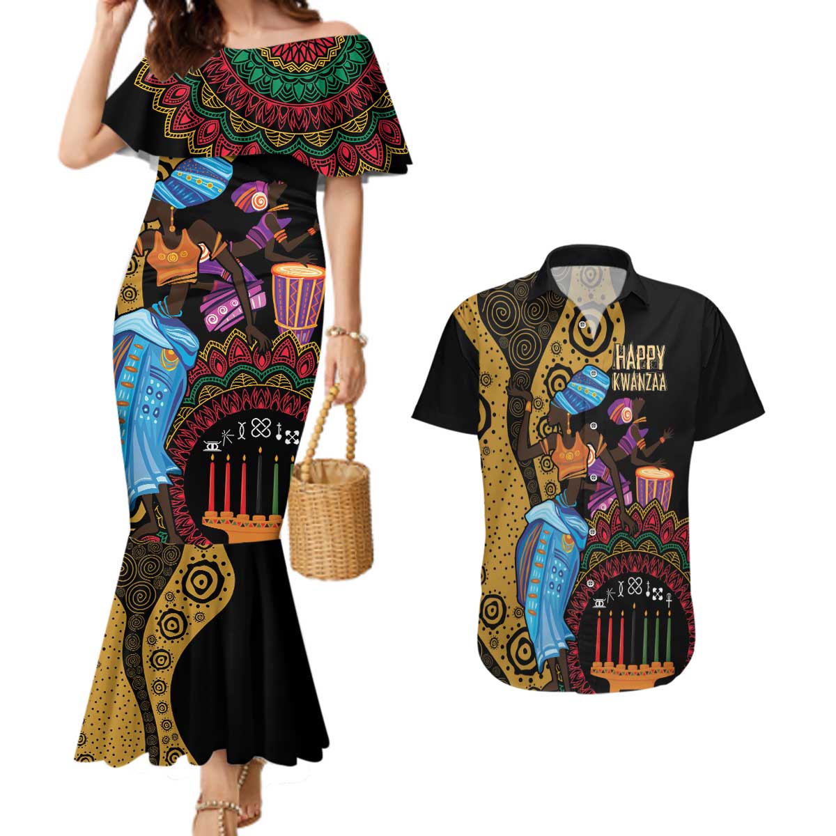 Happy Kwanzaa African Couples Matching Mermaid Dress and Hawaiian Shirt Tribal Dance LT7 - Wonder Print Shop