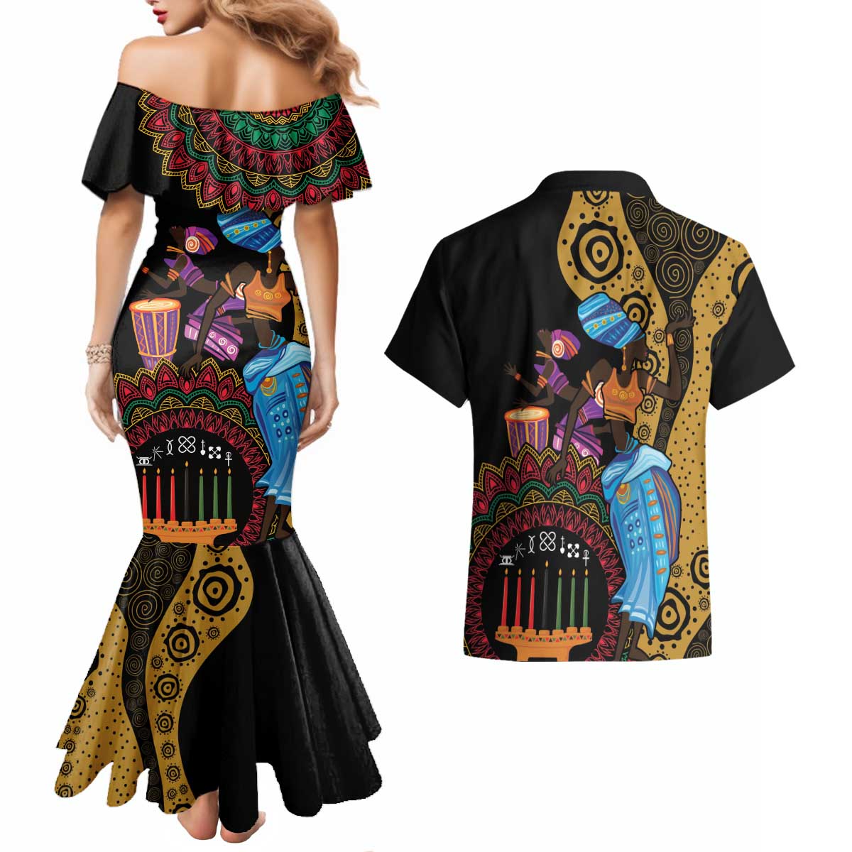 Happy Kwanzaa African Couples Matching Mermaid Dress and Hawaiian Shirt Tribal Dance LT7 - Wonder Print Shop