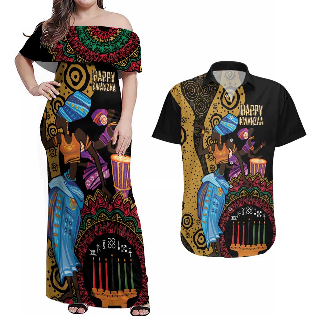 Happy Kwanzaa African Couples Matching Off Shoulder Maxi Dress and Hawaiian Shirt Tribal Dance LT7 - Wonder Print Shop