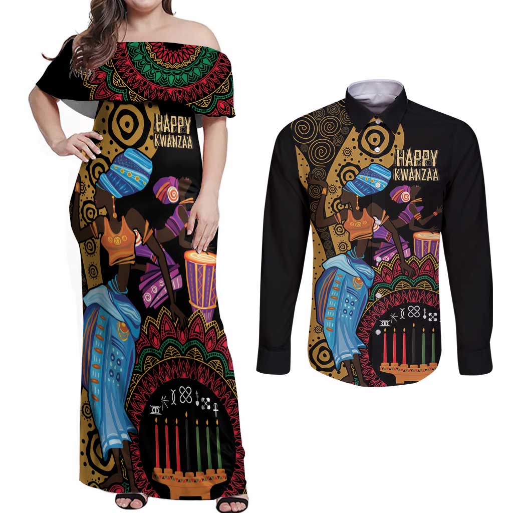 Happy Kwanzaa African Couples Matching Off Shoulder Maxi Dress and Long Sleeve Button Shirt Tribal Dance LT7 - Wonder Print Shop